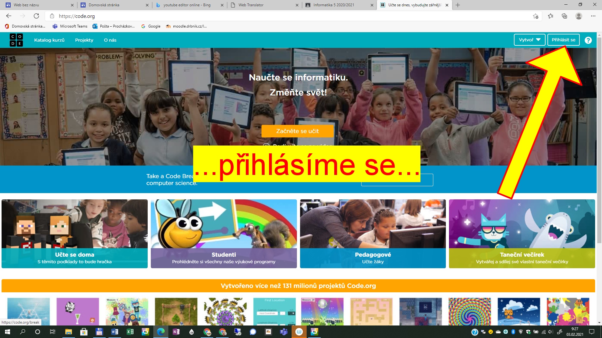 Návod Jak se přihlásit do code.org a plnit úkoly - obrázkový návod